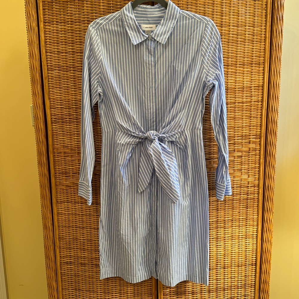 Cotton Calvin Klein blue striped shirt dress with tie front.
